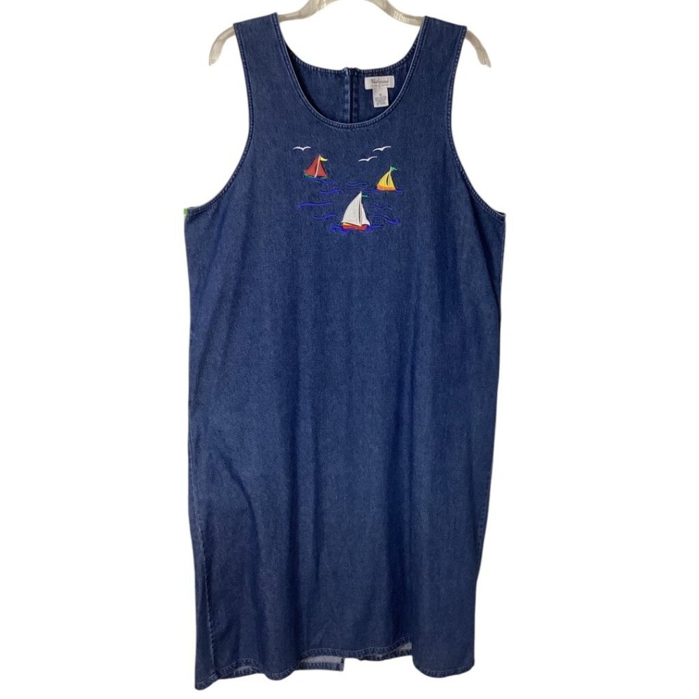 Westbound II Blue Jean Denim Maxi Dress With Sailboat Embroidery‎ Size 1X